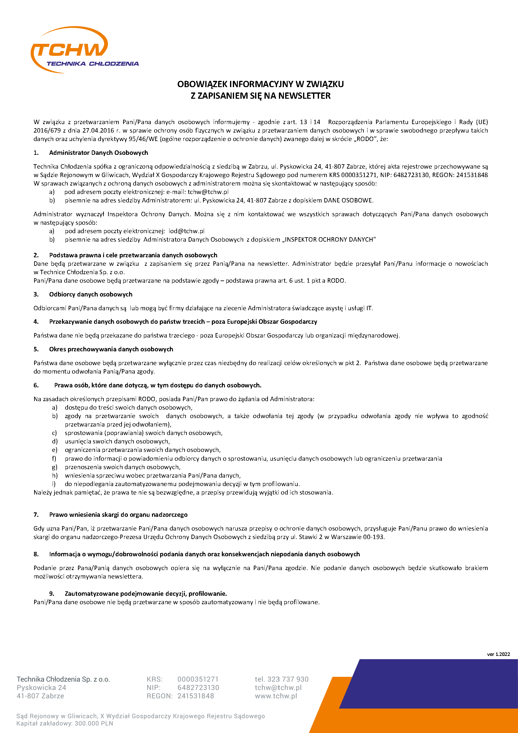 OBOWIĄZEK INFORMACYJNY W ZWIĄZKU Z ZAPISANIEM SIĘ NA NEWSLETTER